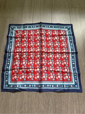 Vintage Made in Japan Acetate Floral Square Scarf Navy Blue Red 18.5"